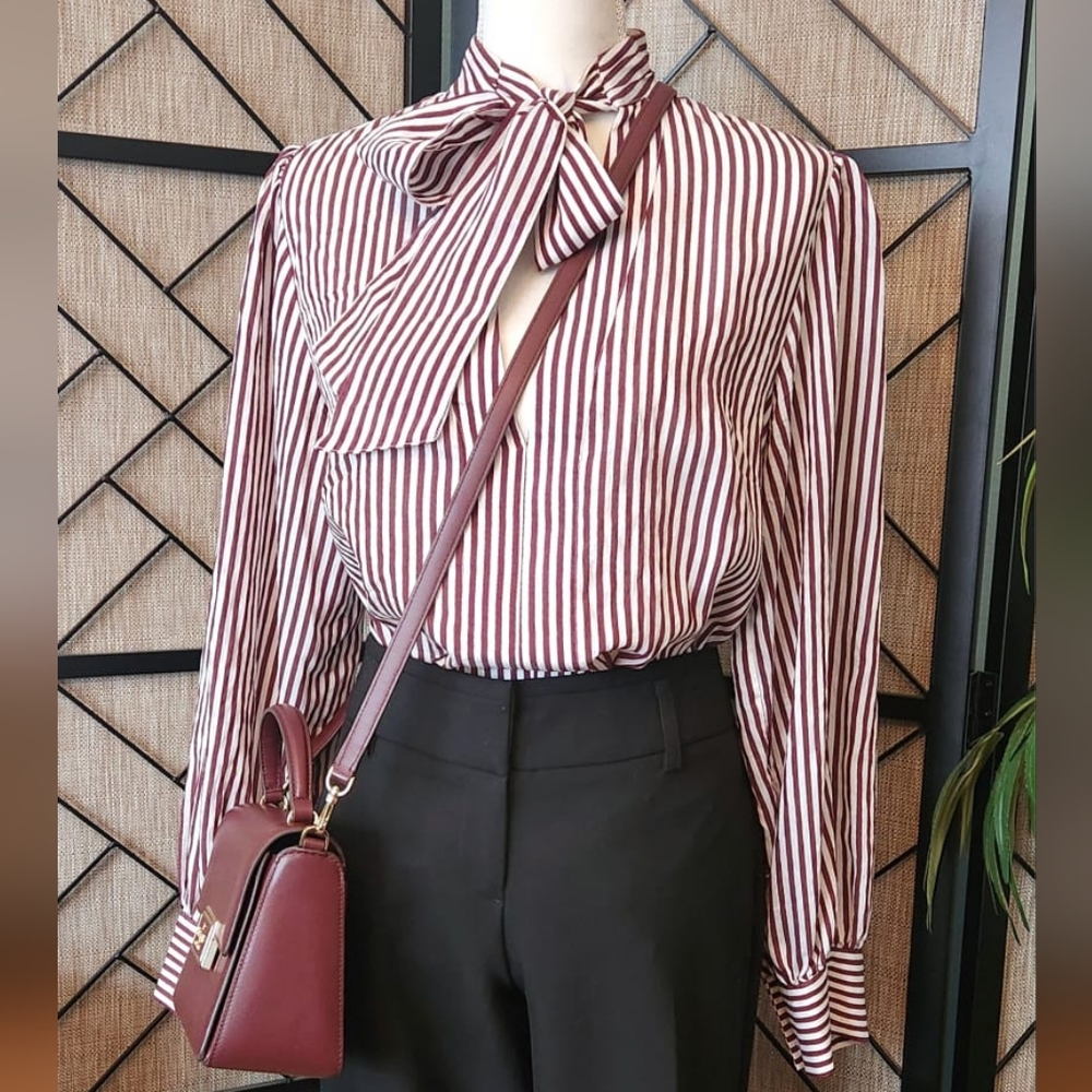 Anthropologie Maeve Burgundy and White Striped Blouse